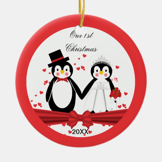 Cute Penguin Bride & Groom Wedding 1st Christmas Ceramic Ornament (Front)