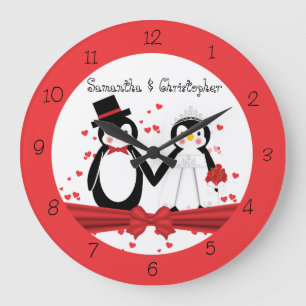 Cute Penguin Bride & Groom Wedding Wall Clock