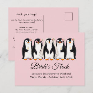 Cute Penguin Bride's Flock Pink Bachelorette Invitation Postcard