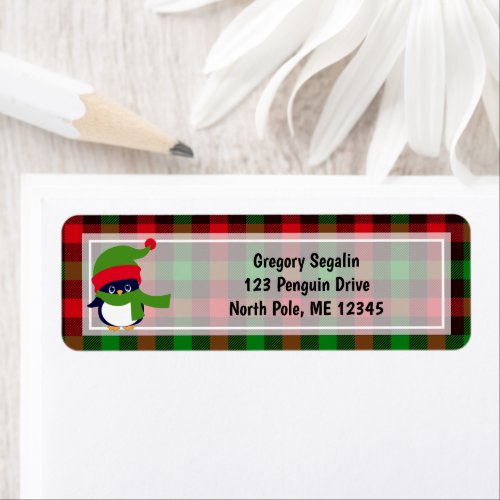 Cute Penguin  Buffalo Plaid  Red Green Christmas Label