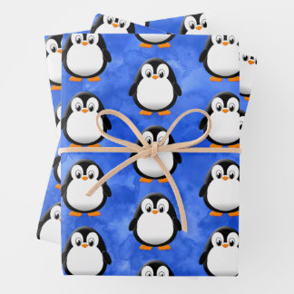 Cute Penguin Cartoon Blue Watercolor Wrapping Paper Sheets