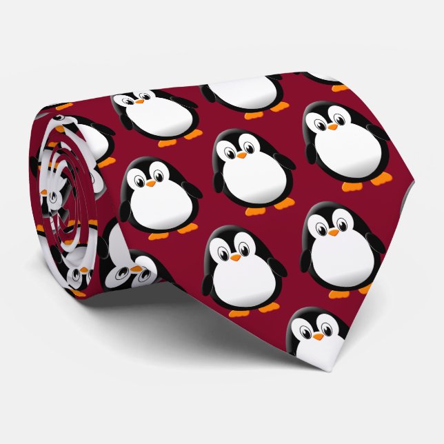 Cute Penguin Cartoon Burgundy  Neck Tie (Rolled)