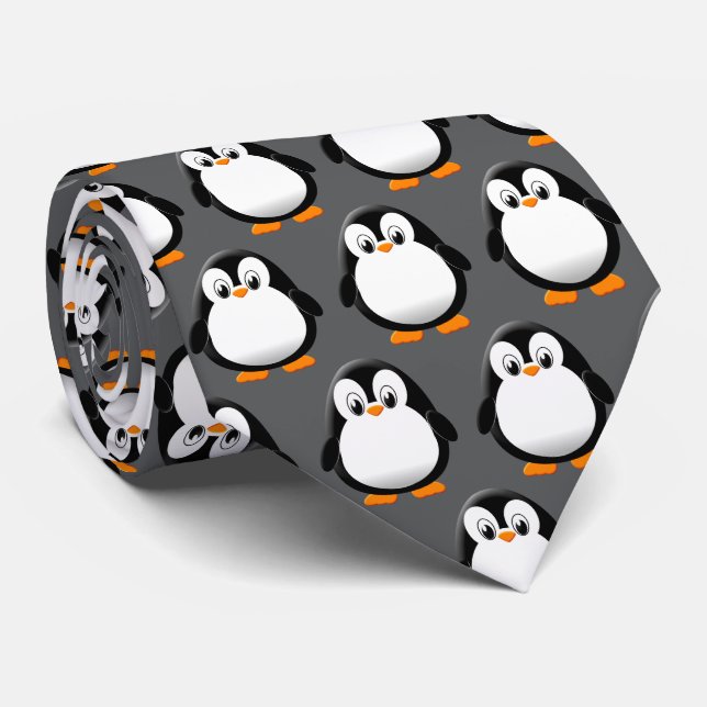 Cute Penguin Cartoon Charcoal  Neck Tie (Rolled)