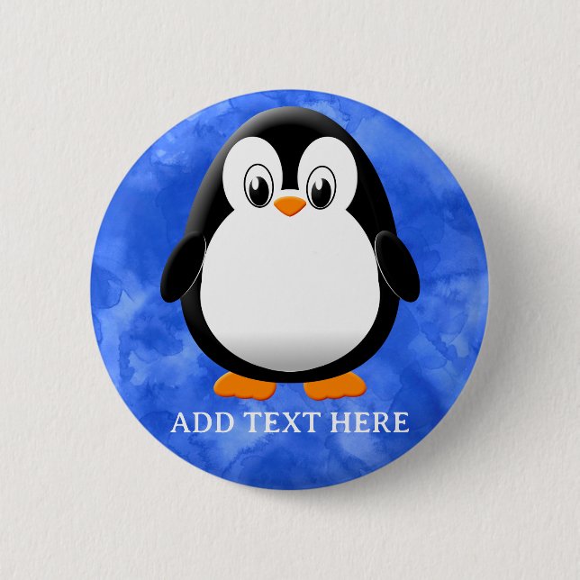 Cute Penguin Cartoon Custom Blue Watercolor Button (Front)