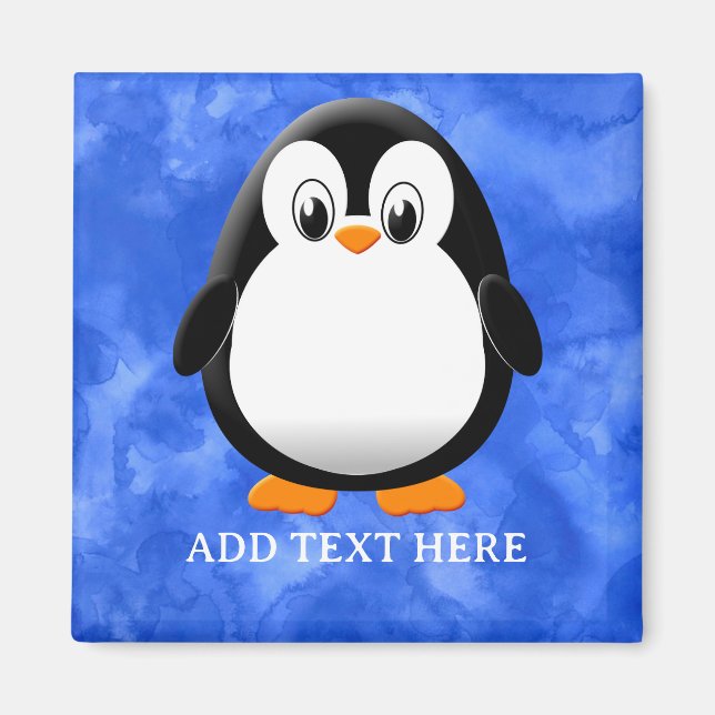 Cute Penguin Cartoon Custom Blue Watercolor Magnet (Front)