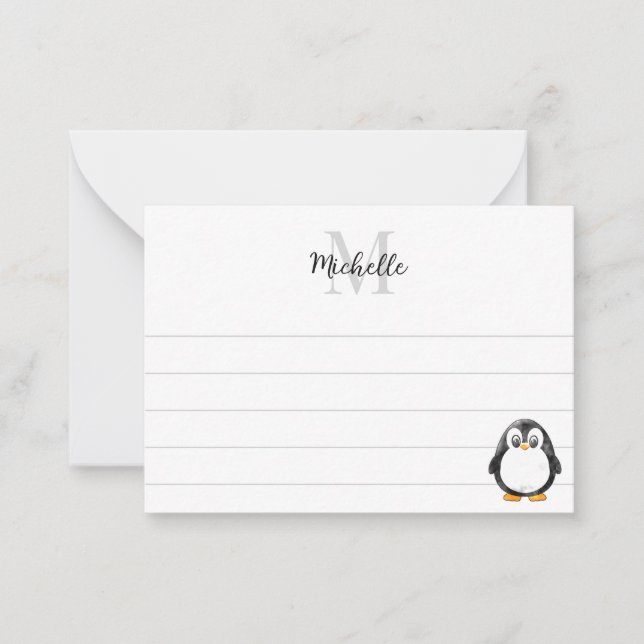 Cute Penguin Cartoon Custom Lined Monogram Note Card (Front)