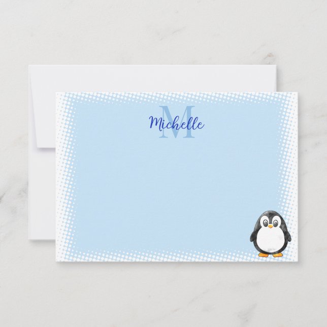 Cute Penguin Cartoon Custom Monogram Blue Note Card (Front)