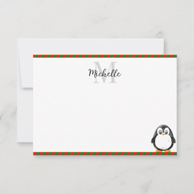 Cute Penguin Cartoon Custom Monogram Note Card (Front)