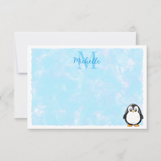 Cute Penguin Cartoon Custom Monogram Pastel Blue Note Card (Front)