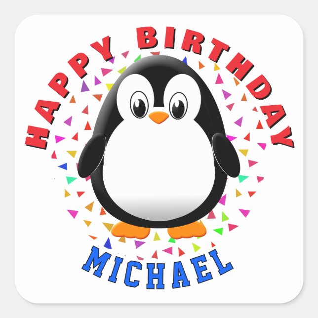 Cute Penguin Cartoon Custom Name Birthday Square Sticker (Front)