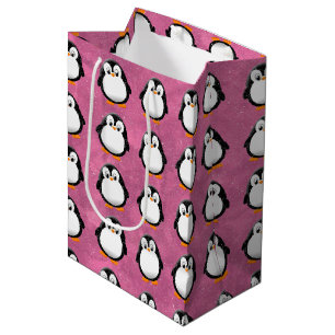 Cute Penguin Cartoon Custom Pink Watercolor Medium Gift Bag