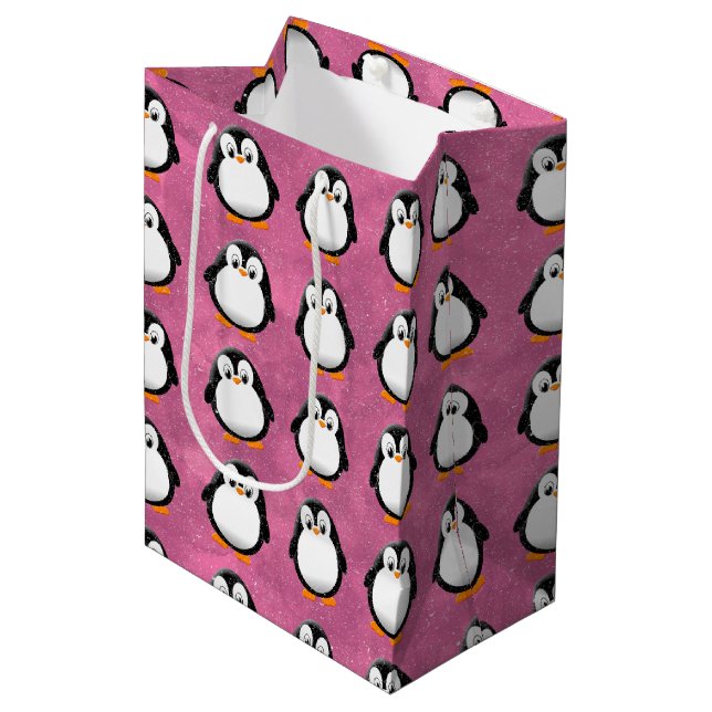 Cute Penguin Cartoon Custom Pink Watercolor Medium Gift Bag (Front Angled)