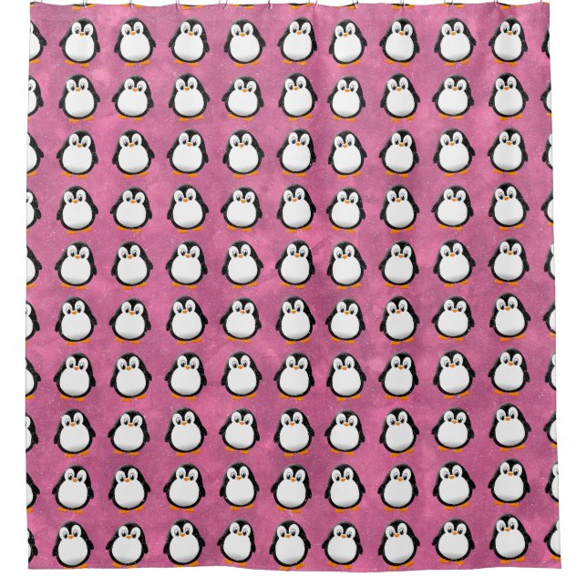 Cute Penguin Cartoon Custom Pink Watercolor Shower Curtain (Front)