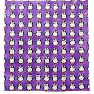 Cute Penguin Cartoon Custom Purple Watercolor Shower Curtain