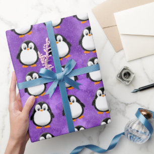 Cute Penguin Cartoon Custom Purple Watercolor Wrapping Paper