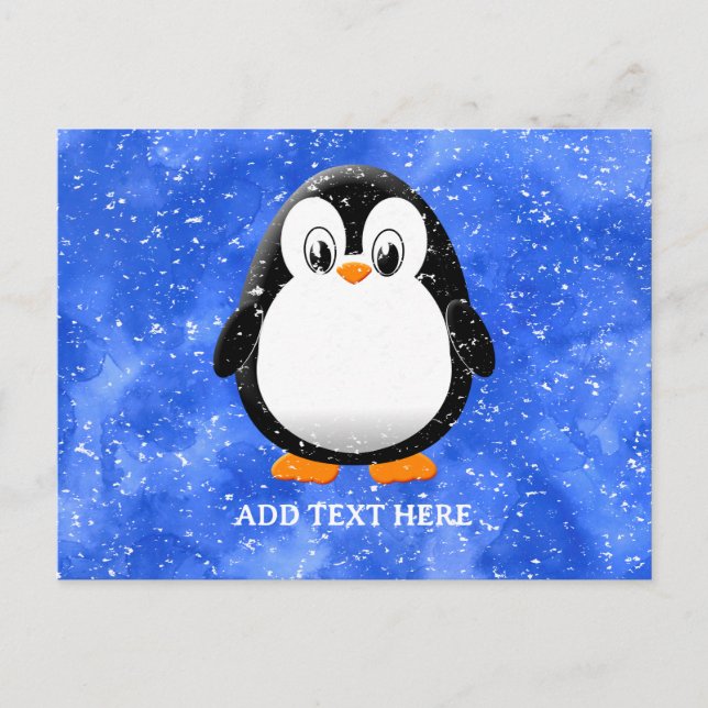 Cute Penguin Cartoon Custom Winter Blue Watercolor Postcard (Front)