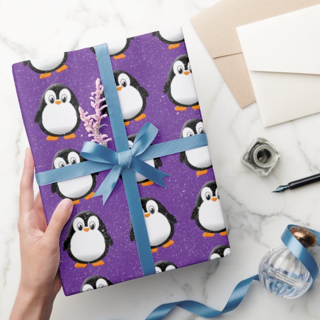 Cute Penguin Cartoon Custom Winter Purple Wrapping Paper (Gifting)