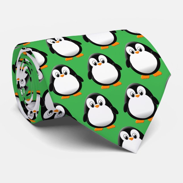 Cute Penguin Cartoon Green  Neck Tie (Rolled)