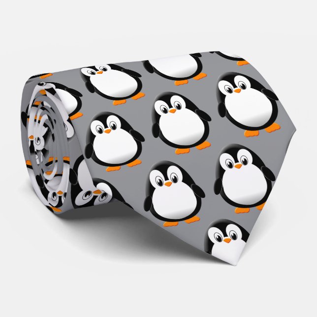 Cute Penguin Cartoon Grey  Neck Tie (Rolled)