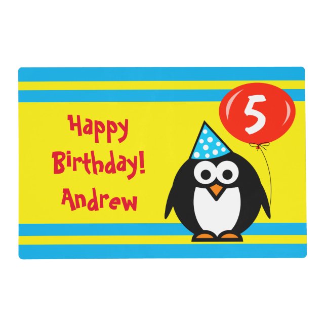 Cute penguin cartoon kid's Birthday laminated Placemat (Front)