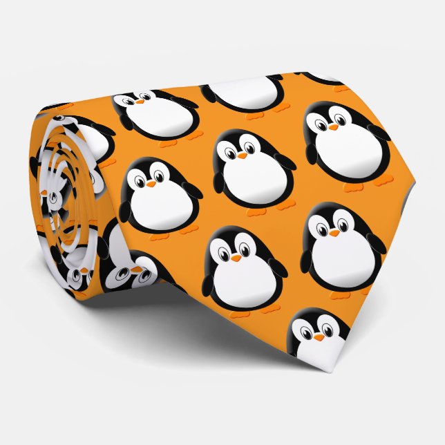 Cute Penguin Cartoon Orange  Neck Tie (Rolled)