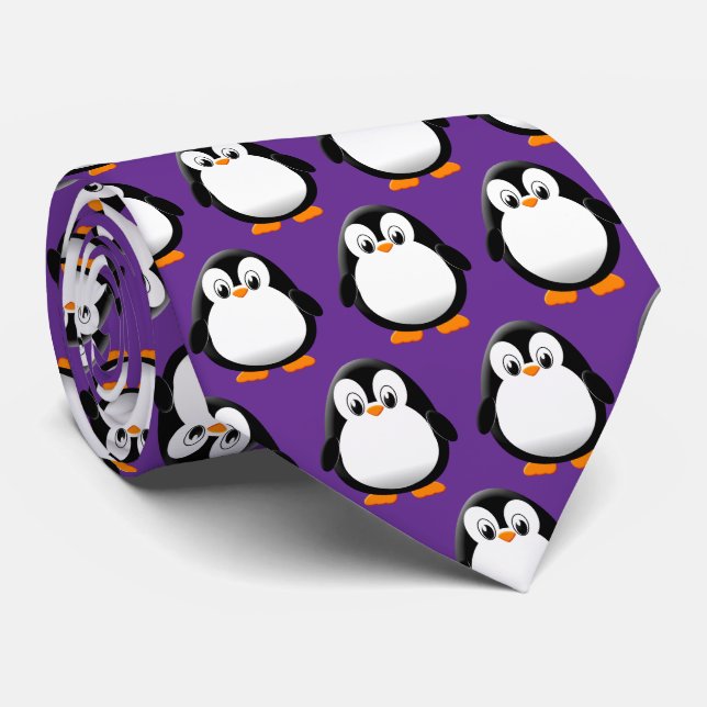 Cute Penguin Cartoon Purple  Neck Tie (Rolled)