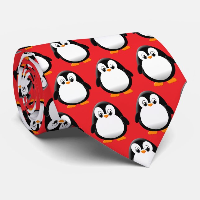 Cute Penguin Cartoon Red  Neck Tie (Rolled)
