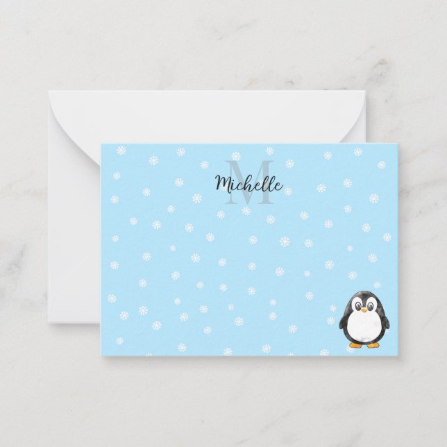 Cute Penguin Cartoon Snow Custom Monogram Note Card (Front)
