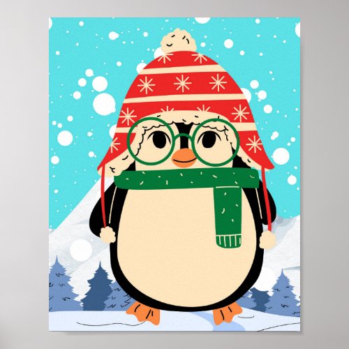 cute penguin cartoon wearing glasses poster