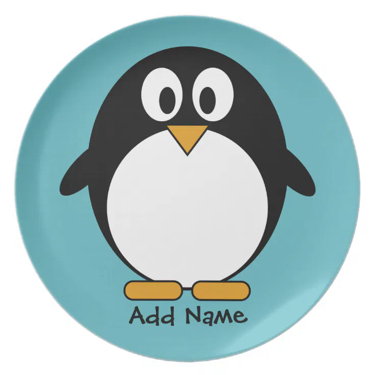 Cute Penguin Cartoon with Area for Name Dinner Plate | Zazzle