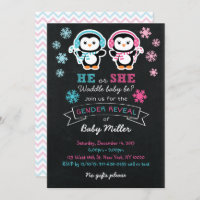 Cute Penguin Chalk Style Gender Reveal Invitation