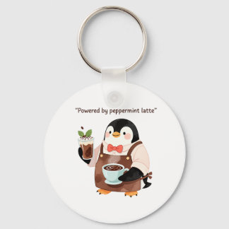 Cute penguin character serving peppermint latte keychain