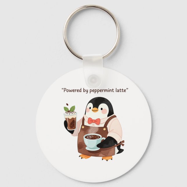 Cute penguin character serving peppermint latte keychain (Front)