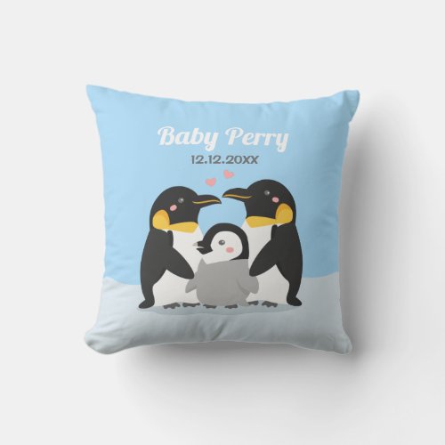 Cute Penguin Chick and Family Baby Nursery Throw Pillow