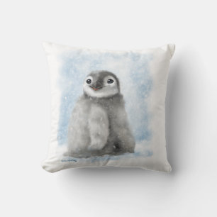 Cute Penguin Chick in the Snow Cartoon Throw Pillow