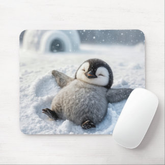 Cute Penguin Chick Making a Snow Angel Mouse Pad