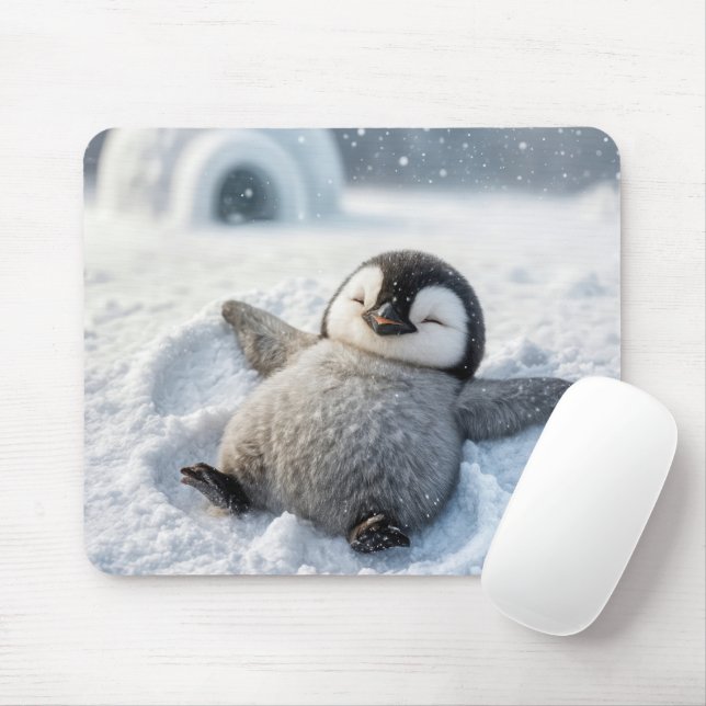 Cute Penguin Chick Making a Snow Angel Mouse Pad (With Mouse)