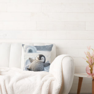 Cute Penguin Chick Making a Snow Angel Throw Pillow