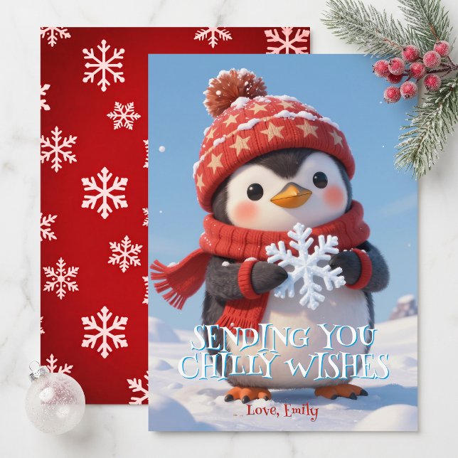 Cute Penguin Chilly Wishes Kids Winter Christmas Holiday Card (Creator Uploaded)