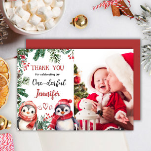Cute Penguin Christmas 1st Birthday Thank You Card