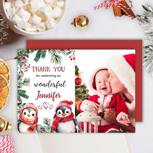 Cute Penguin Christmas 2nd Birthday Thank You Card