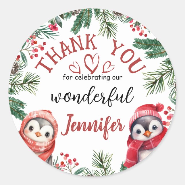 Cute Penguin Christmas 2nd Birthday Thank You Classic Round Sticker (Front)