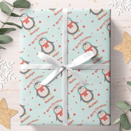 Cute Penguin Christmas Aqua Snow  Personalized Wrapping Paper