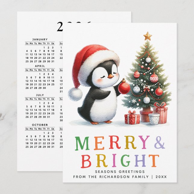 Cute Penguin Christmas Colorful Merry and Bright Holiday Card (Front/Back)
