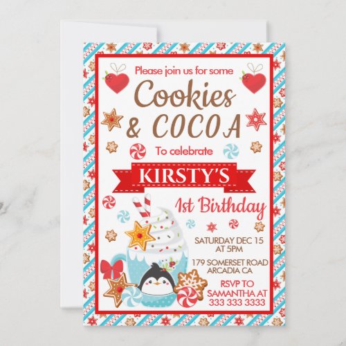 Cute Penguin Christmas Cookies and Cocoa Birthday  Invitation