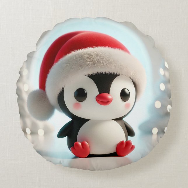 🎄 Cute Penguin Christmas Decor Gift Idea ❄️ Round Pillow (Front)