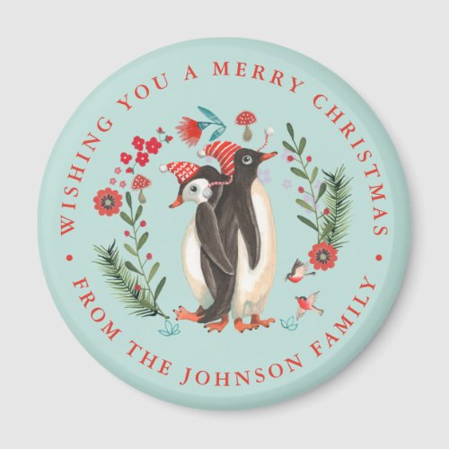 Cute Penguin Christmas Holiday Name blue Magnet