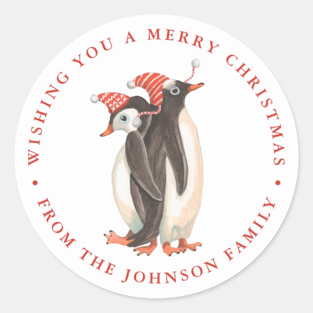 Cute Penguin Christmas Holiday Name Classic Round Sticker (Front)