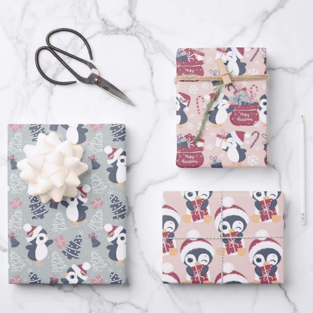 Cute Penguin Christmas Holiday  Wrapping Paper Sheets (Front)