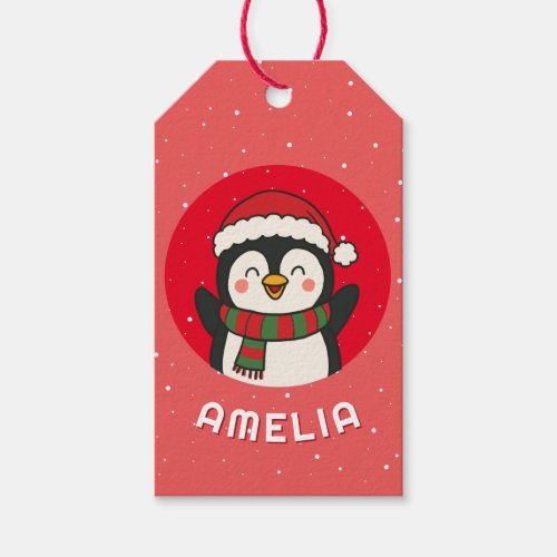Cute Penguin Christmas Kid`s Name  Gift Tags